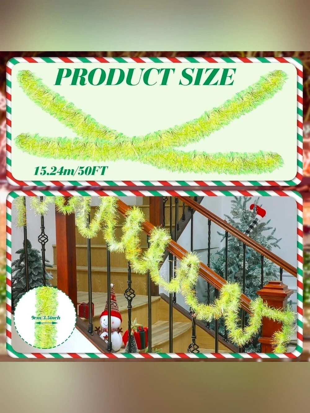 Christmas Tinsel Lime Green Metallic Foil Shiny Christmas Garland,(50 ft) EUC